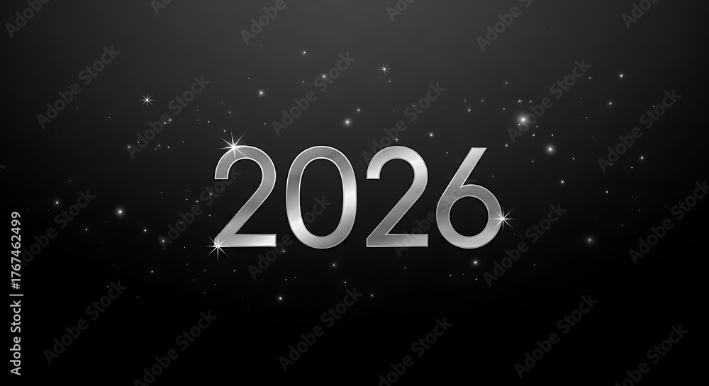Elegant silver 2026 new year design with sparkling glitter on a dark ...