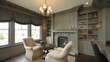 © Sutarto Stock - An elegant inviting traditional study features a warm stone fireplace, comfortable armchairs, built-in bookshelves, lush green walls, perfect relaxation work.
