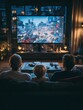 © Anat art - Family Enjoying Movie Night Together in a Cozy Living Room With Warm Lighting and a Large Screen in the Evening