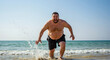© NN AI - Energetic overweight man having fun running and splashing in sea. Happy plus-size person enjoying summer beach vacation. Body positivity and carefree lifestyle concept