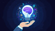 © Brent - Vibrant conceptual illustration of a human hand gently cradling a glowing light bulb containing a detailed, purple brain, symbolizing new ideas, innovation, and inspiration against a dark, starry