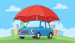 © Darren - Whimsical cartoon illustration of a bright blue car parked on a grassy hill under a large red umbrella, protecting it from falling raindrops, with stylized city buildings in the background under a