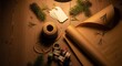 © Gakpo - Flat lay of wrapping kraft paper gift tags twine washi tape and evergreen sprigs on wood