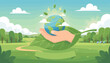© Honey - Vibrant illustration of a hand cradling the Earth on a large green leaf, symbolizing environmental protection and sustainable energy, with wind turbines and solar panels in the background under a