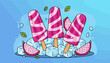© Erick - Refreshing homemade dragon fruit popsicles with pink and white swirls, served on a bed of ice cubes with slices of dragon fruit and mint leaves, set against a vibrant blue background with water