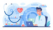 © Kauro - Modern medical laboratory scene featuring a doctor in a white coat analyzing data on a laptop, with a stethoscope, heart monitor displaying a vital sign graph, and various laboratory equipment like