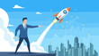 © Kauro - Vibrant startup business concept illustration featuring a businessman in a suit launching a rocket into a clear blue sky above a modern cityscape, symbolizing growth, innovation, and global