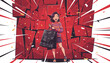 © Jessa - Joyful young woman with a shopping bag, celebrating Black Friday amidst a vibrant explosion of red geometric shapes and confetti, symbolizing consumer excitement and successful retail therapy.