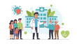 © Yer - Vibrant illustration of a friendly doctor in a white coat with a stethoscope, standing in front of a modern hospital building, welcoming a diverse group of patients including a young family and an