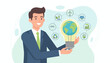 © Shaine - Net-zero and carbon-neutral concept: Businessman holding a lightbulb with Earth inside, surrounded by icons of renewable energy, recycling, and CO2 reduction, symbolizing environmental sustainability