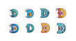© Quieny - Set of eight unique, stylized letter D designs with playful cartoon faces and vibrant, modern color palettes, featuring blue, teal, and orange hues, perfect for branding, educational materials, or