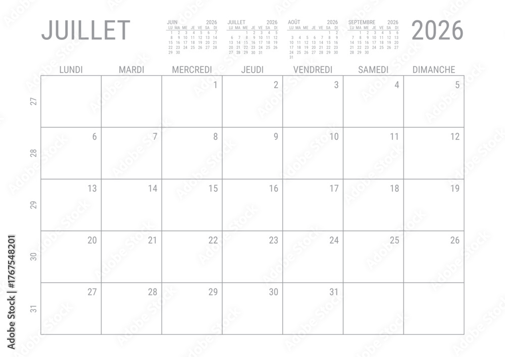 Stock Vektorgrafik Calendrier Juillet 2026 Mensuel Planificateur Avec stock-vektorgrafik-calendrier-juillet-2026-mensuel-planificateur-avec