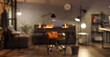 © Pixel-Shot - Blurred view of dark office with workplace, sofa and glowing lamps