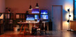 © Pixel-Shot - Interior of dark office with trader's workplace and glowing lamps at night