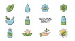 © Hanna - Collection of flat design icons representing natural beauty, organic products, and wellness, featuring elements like leaves, flowers, water drops, essential oil bottles, a mortar and pestle, and sun