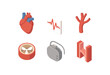 © Art Fusion - isometric icon items isolated on white background cardiac chamber heartbeat rhythm coronary artery heart valve pacemaker device ventricular