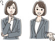 © al - Create a kinds of deferent simple vector illustration set of a young business woman with a thinking expression and a smiling expression vector art with white background..