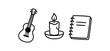 © Framezy - Outline home music hobby icon isolated on white background guitar candle and notebook clean black and white line art with slightly hand drawn strokes relaxing creative pastime style