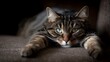 © Thares2020 - A close up portrait of a domestic tabby cat with green eyes resting comfortably on a brown sofa in a dimly lit room looking at the