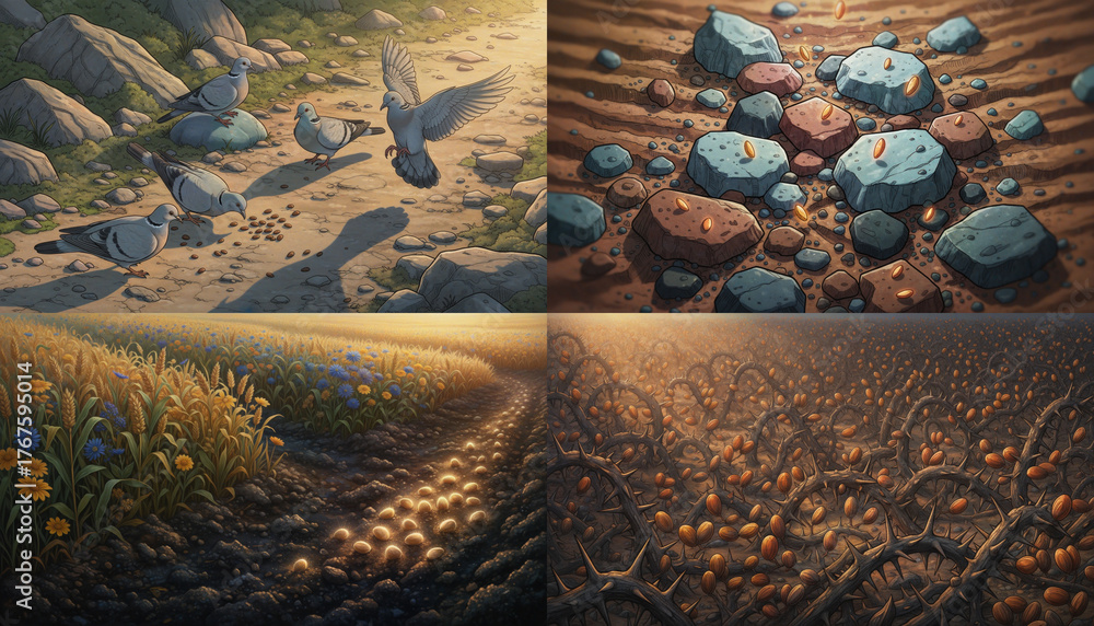 Biblical Parable of the Sower illustration depicting seeds on path ...