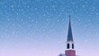 © 행운 행 - 하늘색 밤하늘에 눈이 내리고 오른쪽에 교회 성당 건물 일러스트레이션Snow falls in the sky blue night sky and illustrates the church cathedral building on the right