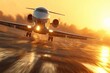 © whitestorm - Luxurious private jet aircraft preparing for takeoff at golden hour with motion blur.