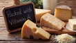 © KarpenArt Studio - a selection of aged cheeses, including parmesan and gouda, are displayed with a small chalkboard sign advertising their vitamin a content on a rustic wooden surface.