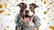 © MI - Joyful pitbull wearing tinsel collar amidst falling confetti celebrating