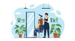 © Amie - Adobe illustrator artwork vector illustration. A skilled hairdresser blow-dries a happy woman's hair in a salon filled with plants, depicting beauty services and relaxation