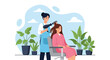 © Amie - Adobe illustrator artwork vector illustration. A skilled hairdresser blow-dries a happy woman's hair in a salon filled with plants, depicting beauty services and relaxation