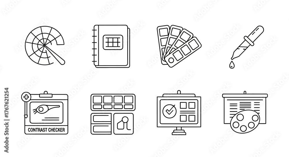 Monochrome line art icons: design tools and color palette Stock Vector ...