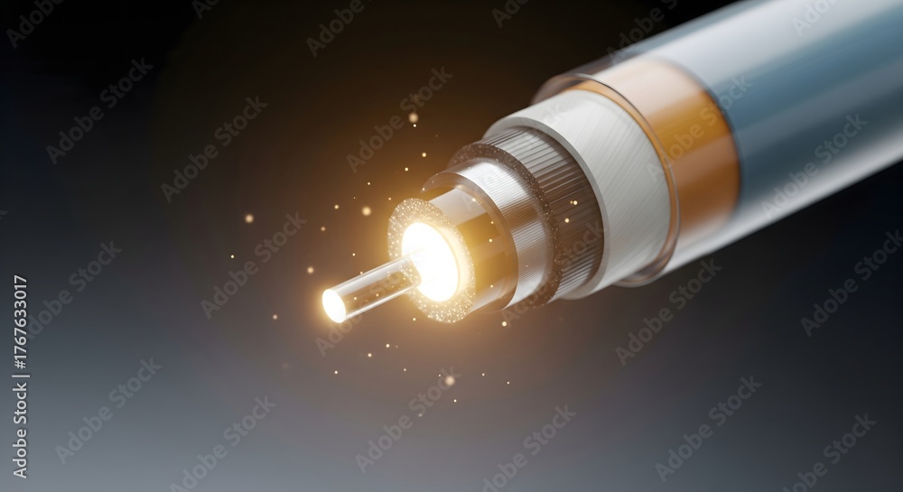 Detailed cross-section of an illuminated fiber optic cable structure ...