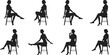 © Snigdha Creatives - Set of 8 black silhouette seated figure poses on stool for vector design, gesture drawing, posture reference, and artistic illustration.