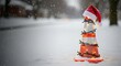 © Elena - Christmas traffic cone decorated with lights and Santa hat in snow