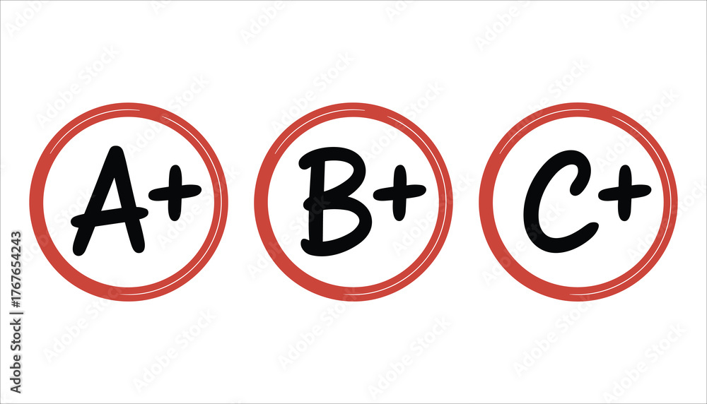 Three circular signs with grades A+ B+ C+ in black A+ grade B+ grade ...