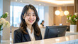 © doubledecker - 受付カウンターで微笑む日本人女性会社員のポートレート – Japanese Female Receptionist Smiling at Office Counter