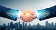 © Rakesh - Digital technology partnership handshake with glowing circuits and city skyline