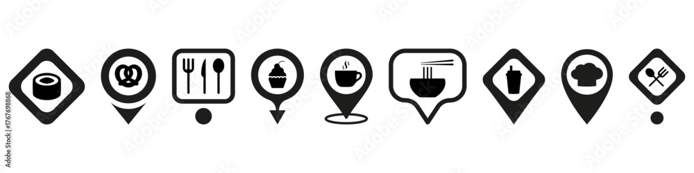 Web pin pointer for restaurants and fast food cafes icon. Marking ...