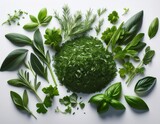 chopped green herbs arranged on a white surface for culinary use