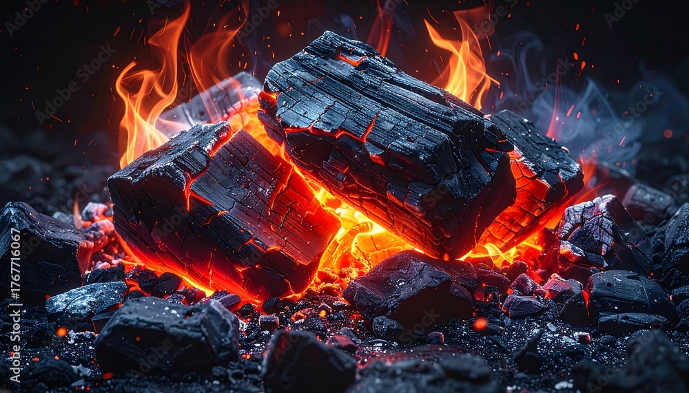 A fiery heart of smoldering charcoal, with intense glowing embers and ...