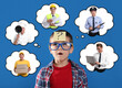 © New Africa - Little boy with question mark on paper note choosing future profession. Thought balloons with man presenting different occupations on blue background
