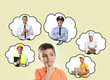 © New Africa - Little boy choosing future profession. Thought balloons with man presenting different occupations on beige background