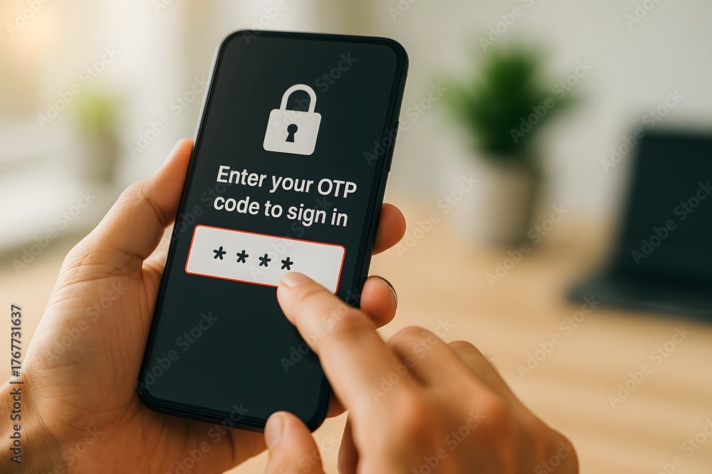 User entering one time password code to sign in securely Stock Photo ...