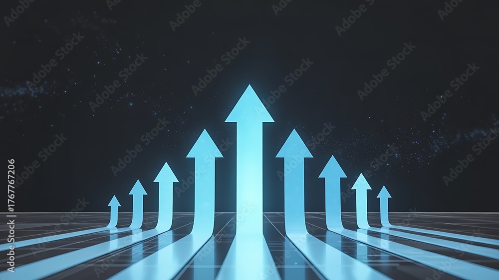 Multiple blue arrows rising upwards in a symmetrical pattern ...