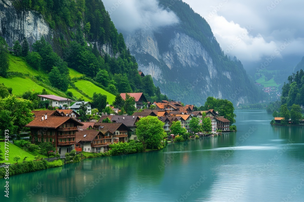 Charming village with wooden houses by serene lake surrounded by lush greenery and towering mountains. Overcast sky adds peaceful ambiance. Neural network AI generated