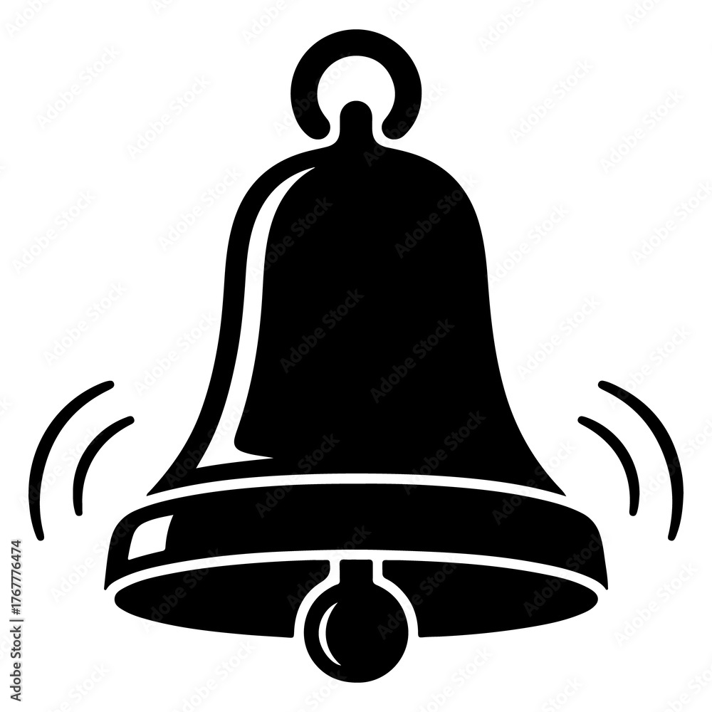 Stylized black silhouette of a ringing bell with sound waves emanating ...