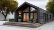 © Nataliia_Trushchenko - Modern architectural design of a sleek black house with large windows, surrounded by greenery and a wooden deck, showcasing contemporary living and outdoor space integration