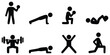 © creatix - Stickman fitness exercise poses, Workout silhouette collection, Gym training stick figure icons