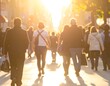 © Kiranacs - Blurry shot of a crowded pedestrian street at sunset, golden hour lighting