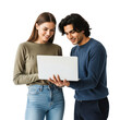 © Bright Stock - Two young people holding laptop and talking together isolated on white